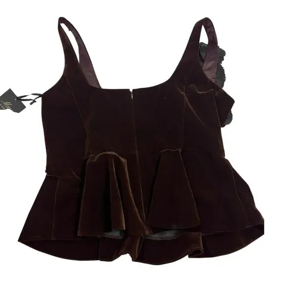 NWT Muse by Marchesa Velvet Peplum Top 12 Ristretto Brown Floral Applique $179 - Picture 4 of 10